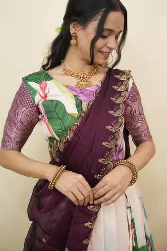 Beautiful South Indian Style Semi-Stitched Half Saree with Blouse and Dupatta for Women