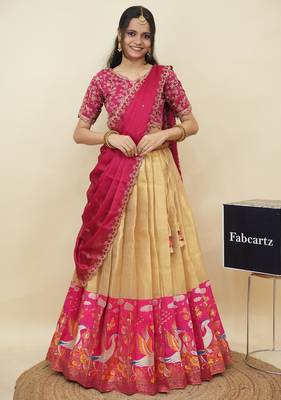 Beautiful South Indian Style Semi-Stitched Half Saree with Embroidery Work Blouse and Dupatta for Women 1