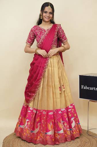 Beautiful South Indian Style Semi-Stitched Half Saree with Embroidery Work Blouse and Dupatta for Women