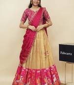Beautiful South Indian Style Semi-Stitched Half Saree with Embroidery Work Blouse and Dupatta for Women