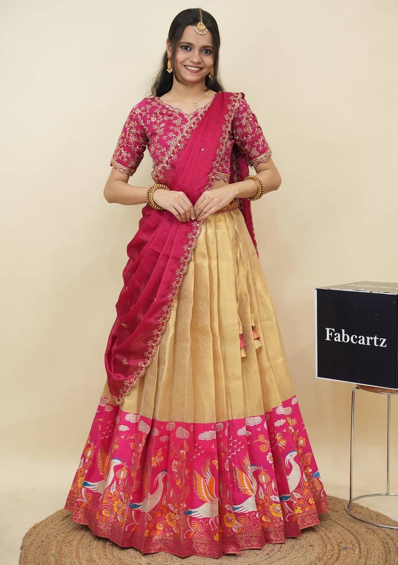 Beautiful South Indian Style Semi-Stitched Half Saree with Embroidery Work Blouse and Dupatta for Women