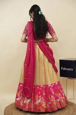 Beautiful South Indian Style Semi-Stitched Half Saree with Embroidery Work Blouse and Dupatta for Women 2