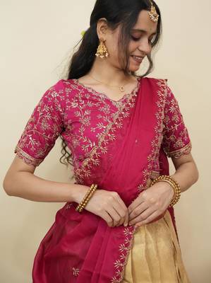 Beautiful South Indian Style Semi-Stitched Half Saree with Embroidery Work Blouse and Dupatta for Women 3