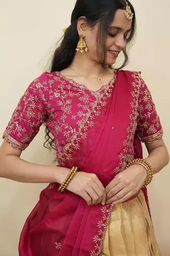 Beautiful South Indian Style Semi-Stitched Half Saree with Embroidery Work Blouse and Dupatta for Women