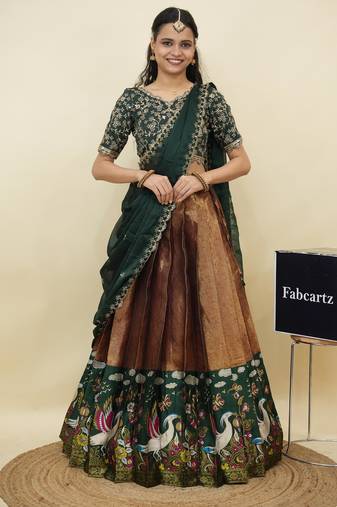 Beautiful South Indian Style Semi-Stitched Half Saree with Embroidery Work Blouse and Dupatta for Women