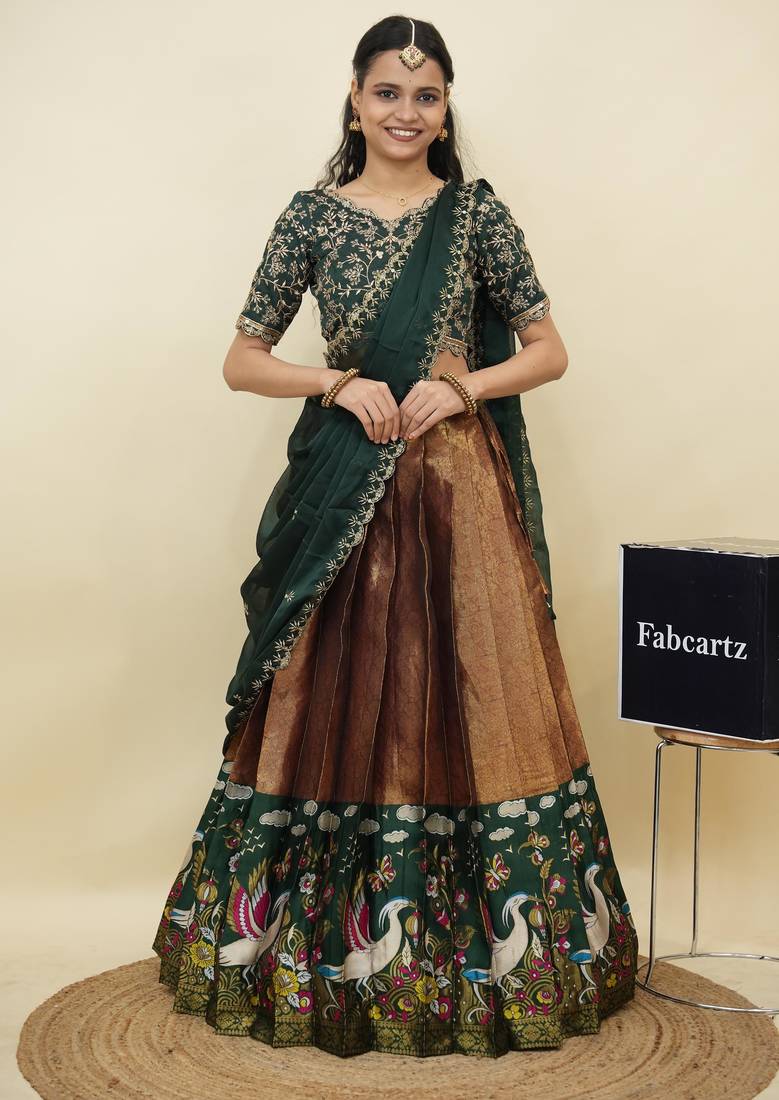 Beautiful South Indian Style Semi-Stitched Half Saree with Embroidery Work Blouse and Dupatta for Women