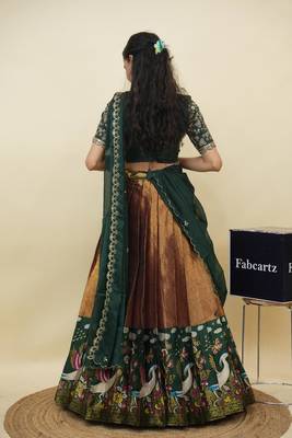 Beautiful South Indian Style Semi-Stitched Half Saree with Embroidery Work Blouse and Dupatta for Women 2