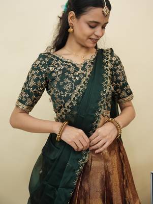 Beautiful South Indian Style Semi-Stitched Half Saree with Embroidery Work Blouse and Dupatta for Women 3