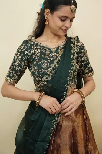 Beautiful South Indian Style Semi-Stitched Half Saree with Embroidery Work Blouse and Dupatta for Women