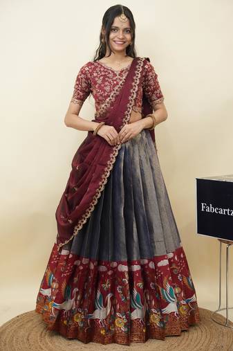 Beautiful South Indian Style Semi-Stitched Half Saree with Embroidery Work Blouse and Dupatta for Women