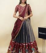 Beautiful South Indian Style Semi-Stitched Half Saree with Embroidery Work Blouse and Dupatta for Women