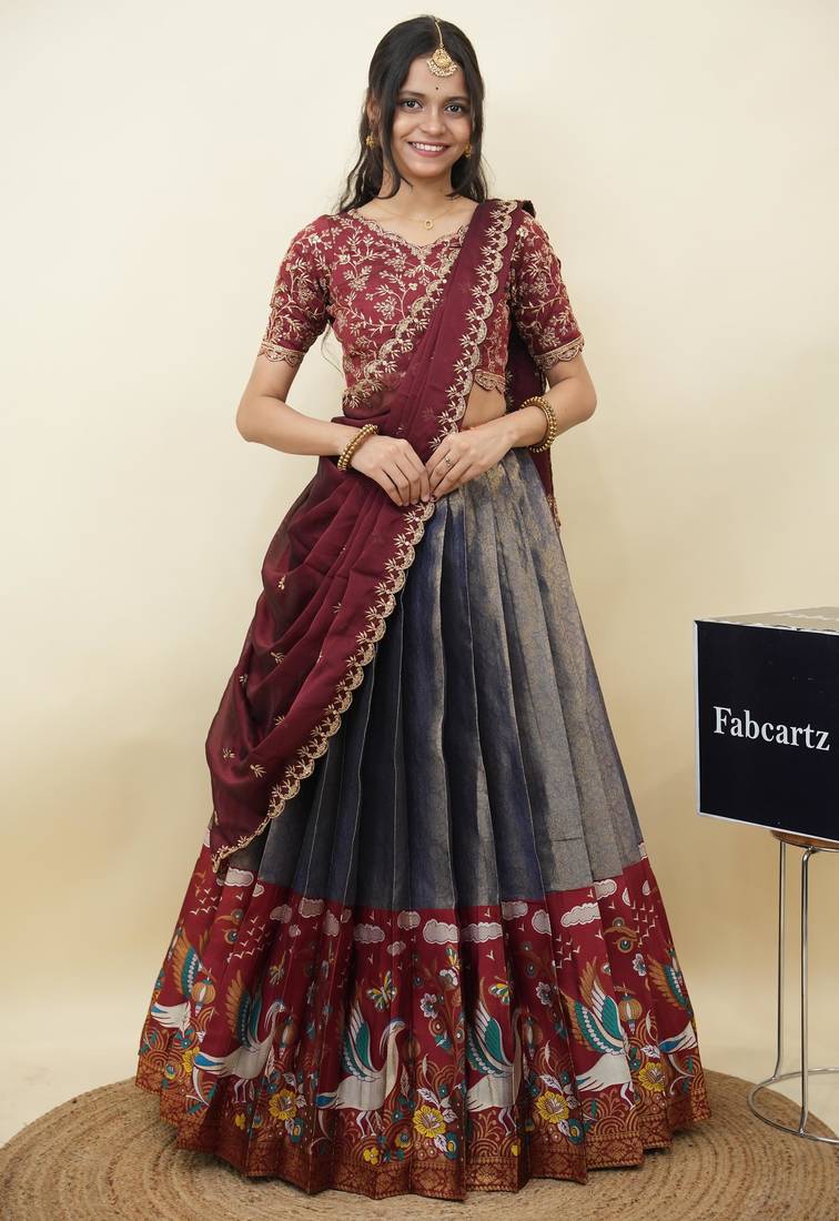 Beautiful South Indian Style Semi-Stitched Half Saree with Embroidery Work Blouse and Dupatta for Women