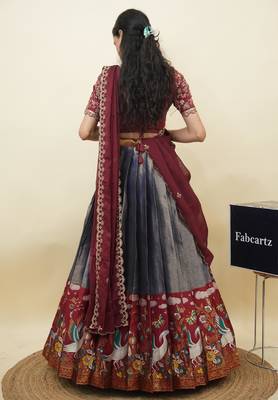 Beautiful South Indian Style Semi-Stitched Half Saree with Embroidery Work Blouse and Dupatta for Women 2