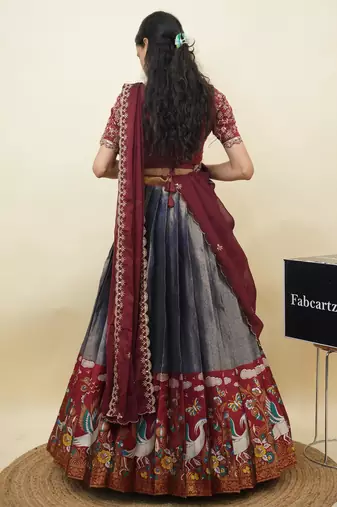 Beautiful South Indian Style Semi-Stitched Half Saree with Embroidery Work Blouse and Dupatta for Women