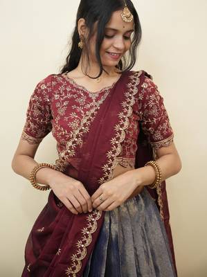 Beautiful South Indian Style Semi-Stitched Half Saree with Embroidery Work Blouse and Dupatta for Women 3