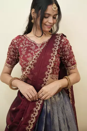 Beautiful South Indian Style Semi-Stitched Half Saree with Embroidery Work Blouse and Dupatta for Women