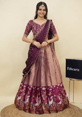 Beautiful South Indian Style Semi-Stitched Half Saree with Embroidery Work Blouse and Dupatta for Women 1