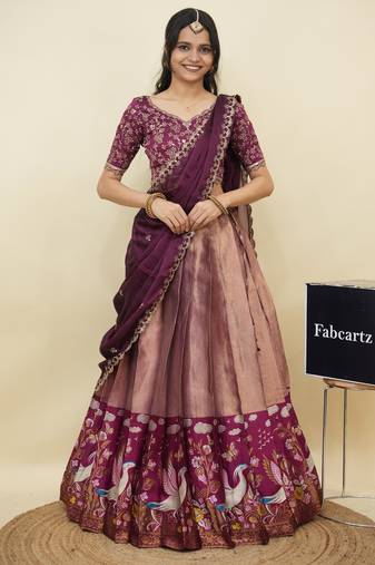 Beautiful South Indian Style Semi-Stitched Half Saree with Embroidery Work Blouse and Dupatta for Women