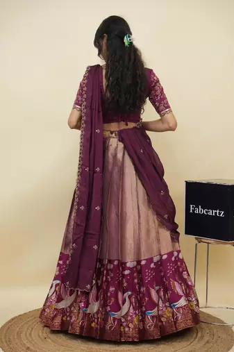 Beautiful South Indian Style Semi-Stitched Half Saree with Embroidery Work Blouse and Dupatta for Women