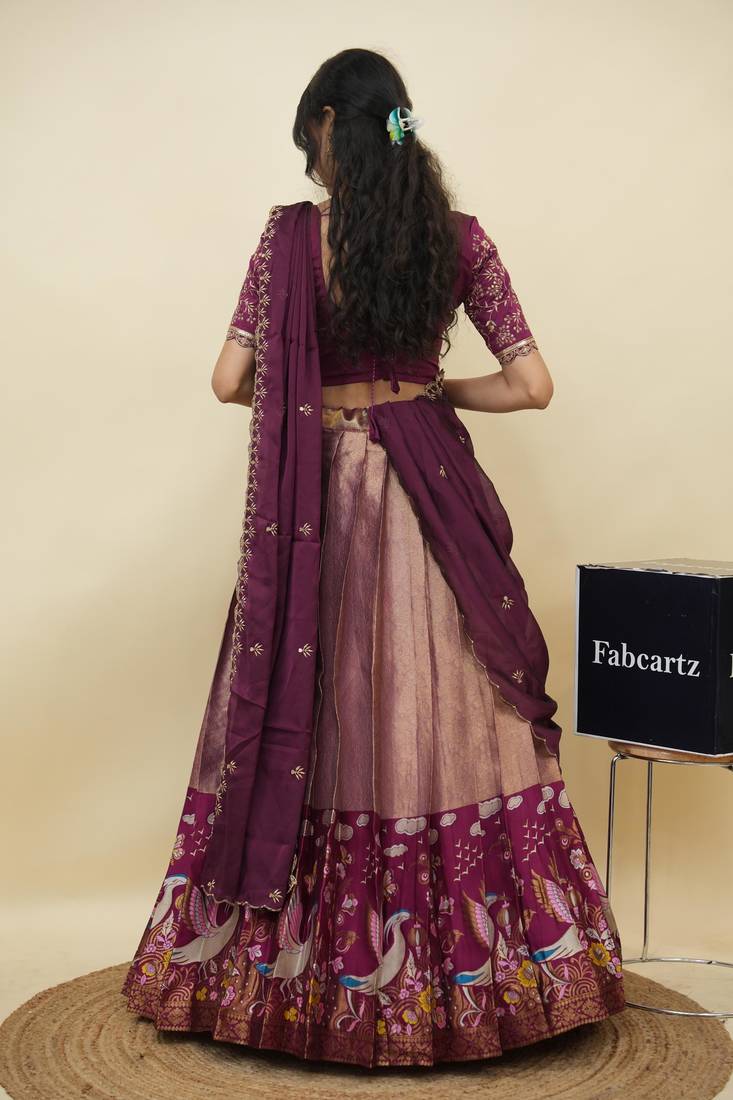 Beautiful South Indian Style Semi-Stitched Half Saree with Embroidery Work Blouse and Dupatta for Women