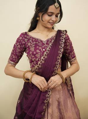 Beautiful South Indian Style Semi-Stitched Half Saree with Embroidery Work Blouse and Dupatta for Women 3