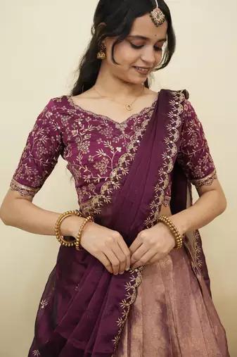 Beautiful South Indian Style Semi-Stitched Half Saree with Embroidery Work Blouse and Dupatta for Women