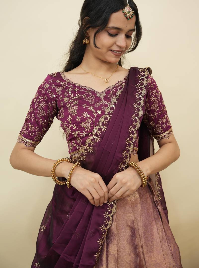 Beautiful South Indian Style Semi-Stitched Half Saree with Embroidery Work Blouse and Dupatta for Women