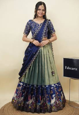 Beautiful South Indian Style Semi-Stitched Half Saree with Embroidery Work Blouse and Dupatta for Women 1