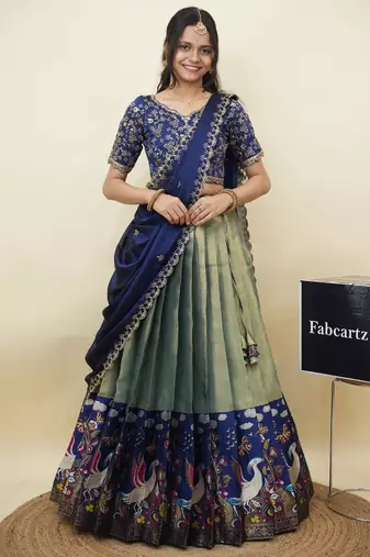 Beautiful South Indian Style Semi-Stitched Half Saree with Embroidery Work Blouse and Dupatta for Women