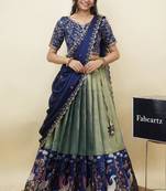 Beautiful South Indian Style Semi-Stitched Half Saree with Embroidery Work Blouse and Dupatta for Women