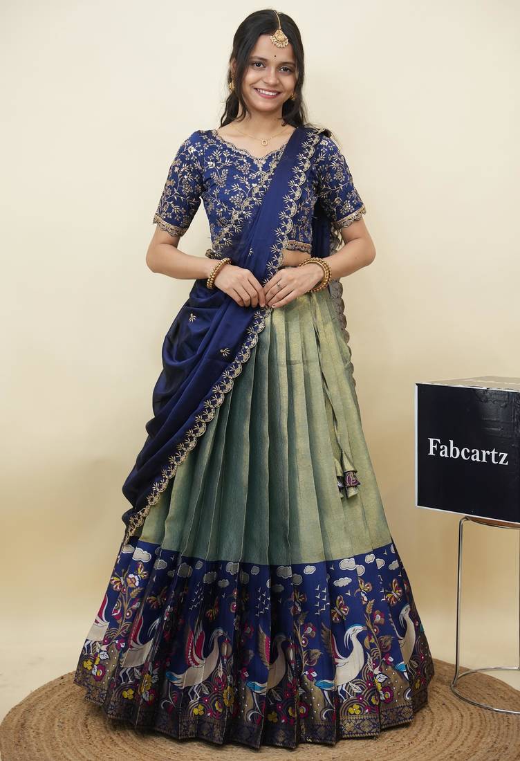 Beautiful South Indian Style Semi-Stitched Half Saree with Embroidery Work Blouse and Dupatta for Women