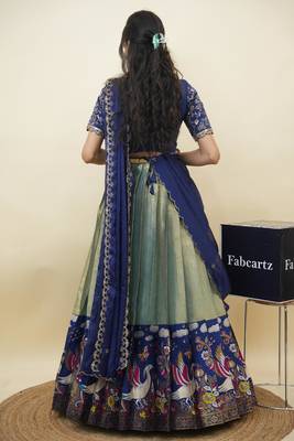 Beautiful South Indian Style Semi-Stitched Half Saree with Embroidery Work Blouse and Dupatta for Women 2