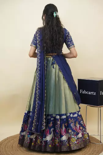 Beautiful South Indian Style Semi-Stitched Half Saree with Embroidery Work Blouse and Dupatta for Women