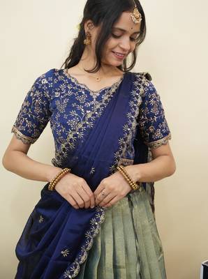 Beautiful South Indian Style Semi-Stitched Half Saree with Embroidery Work Blouse and Dupatta for Women 3