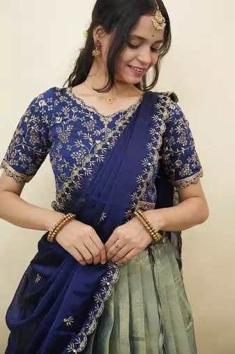 Beautiful South Indian Style Semi-Stitched Half Saree with Embroidery Work Blouse and Dupatta for Women