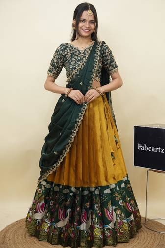 Beautiful South Indian Style Semi-Stitched Half Saree with Embroidery Work Blouse and Dupatta for Women