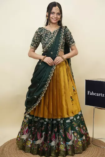 Beautiful South Indian Style Semi-Stitched Half Saree with Embroidery Work Blouse and Dupatta for Women