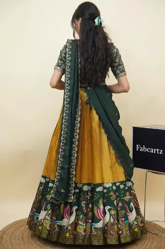 Beautiful South Indian Style Semi-Stitched Half Saree with Embroidery Work Blouse and Dupatta for Women