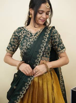 Beautiful South Indian Style Semi-Stitched Half Saree with Embroidery Work Blouse and Dupatta for Women 3