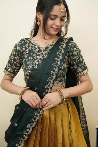 Beautiful South Indian Style Semi-Stitched Half Saree with Embroidery Work Blouse and Dupatta for Women