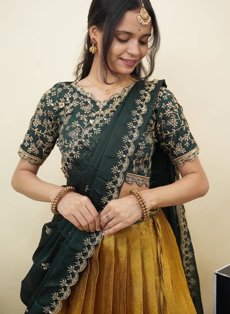 Beautiful South Indian Style Semi-Stitched Half Saree with Embroidery Work Blouse and Dupatta for Women