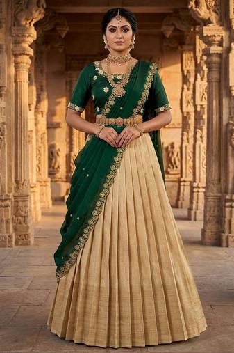 Beautiful South Indian Style Semi-stitched Half Saree with Embroidery Work Blouse and Dupatta for Women