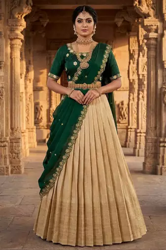 Beautiful South Indian Style Semi-stitched Half Saree with Embroidery Work Blouse and Dupatta for Women