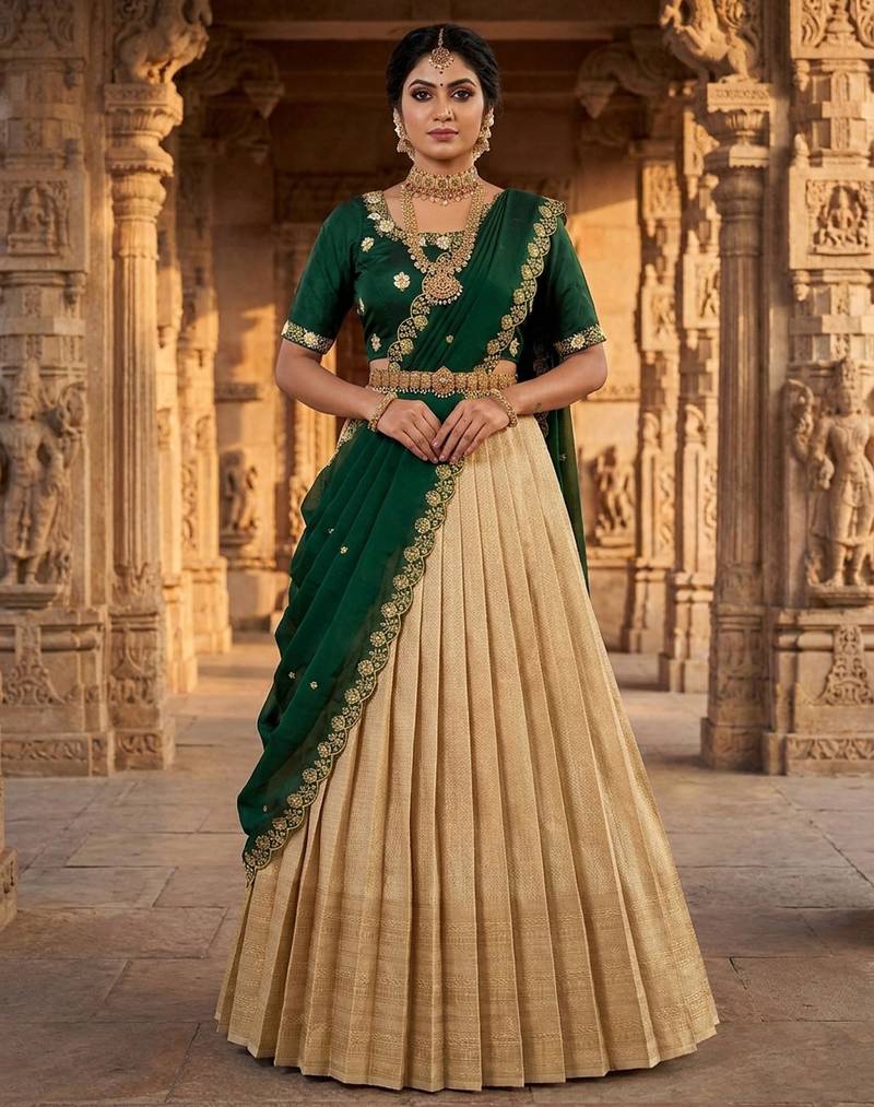 Beautiful South Indian Style Semi-stitched Half Saree with Embroidery Work Blouse and Dupatta for Women