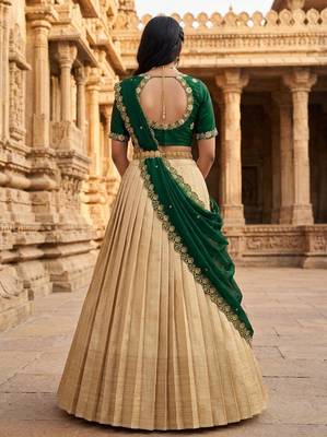 Beautiful South Indian Style Semi-stitched Half Saree with Embroidery Work Blouse and Dupatta for Women 2