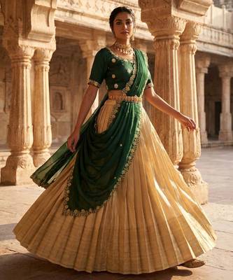 Beautiful South Indian Style Semi-stitched Half Saree with Embroidery Work Blouse and Dupatta for Women 3