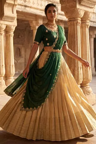 Beautiful South Indian Style Semi-stitched Half Saree with Embroidery Work Blouse and Dupatta for Women