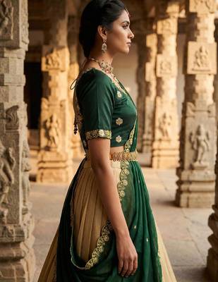 Beautiful South Indian Style Semi-stitched Half Saree with Embroidery Work Blouse and Dupatta for Women 4