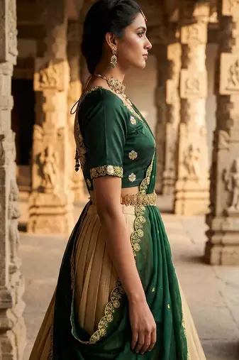 Beautiful South Indian Style Semi-stitched Half Saree with Embroidery Work Blouse and Dupatta for Women