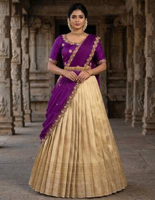 Beautiful South Indian Style Semi-stitched Half Saree with Embroidery Work Blouse and Dupatta for Women 1